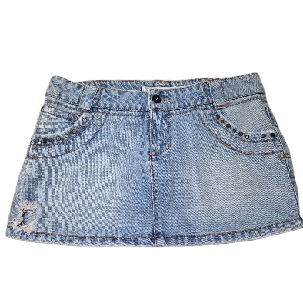 O'Neill Denim Micro Mini Skirt Studded Pockets Distressed Y2K Low Rise